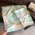 Elegant green white square silk scarf with iconic letter H and chain print for women. - FG341-2