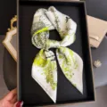 Green botanical print silk scarf, elegant square scarf variant for women neck wear. - FG345-1