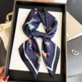Elegant navy blue silk scarf with classic horse print women luxury neckerchief square shawl. - FG337-4