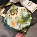 Elegant green floral printed silk square scarf, versatile fashion neck wrap or stylish shawl. - Green