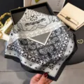 Retro baroque paisley print silk square scarf for women luxury fashion neck wrap - Black