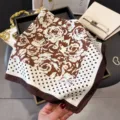 Elegant brown and white floral silk square scarf, versatile fashion hair scarf and neck wrap for women. - Coffee