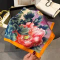 Luxurious floral square silk scarf with vibrant peony print and elegant orange contrast border. - Purple