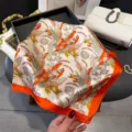 Chic tropical plant print silk square scarf, vibrant orange border fashion neckerchief for women. - Orange