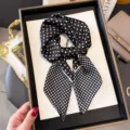 Elegant black and white polka dot silk square scarf, versatile fashion accessory. - Black