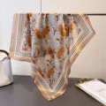 70cm imitation silk square scarf with houndstooth border and floral print for women - FJ960-4 Khaki