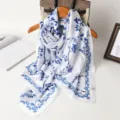 Elegant blue and white floral silk scarf long shawl for women, soft lightweight fashion neckerchief. - White / 180x80cm