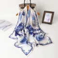 Elegant blue and white printed silk scarf for women, lightweight floral long shawl. - Blue / 180x80cm