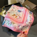 Elegant 70cm square silk scarf with charming botanical dragonfly print for women fashion styling. - Pink