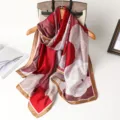 Red white geometric print silk feel long scarf shawl, elegant women fashion accessory detail. - Red / 180x80cm