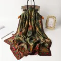 Detailed view of the elegant green floral silk scarf with bamboo print and brown border. - XD28-7 Army Green