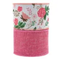 Pink wired burlap ribbon set with floral print and solid fabric rolls for gift wrapping crafts - Set Style / 2 Styles 5 Yards Each/Pack