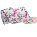Pink floral wired ribbon detail showing violet flowers and butterflies for gift wrapping. - Floral Printed Style / Width 6.3cm x Length 5 Yards/Roll
