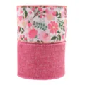 Pink floral wired ribbon and solid rose red burlap ribbon set for gift wrapping crafts 2 rolls - 2-Style Combo Pack / Width 6.3cm x 2 Styles 5 Yards Each/Roll