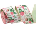 Detail shot of fabric ribbon with pink roses, green leaves and wired edge for gifts. - Flower Style / 5 Yards/Pack