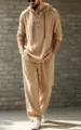 Men's casual linen hooded henley shirt and long pants set detail view, comfortable beige fabric. - Earthy Yellow