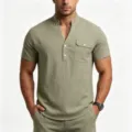 Heren linnen henley shirt korte mouw zomer casual losse top met een handige borstzak. - Legergroen