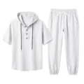 White linen hooded short sleeve shirt and long pants set detail view for men beach wear. - S / Top And Bottom / White