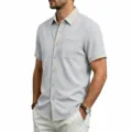 Men's waffle knit short sleeve shirt detail, featuring contrast collar and front button placket. - Light Gray