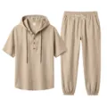 Men casual solid color linen hooded short sleeve henley shirt and long pants set khaki. - Khaki