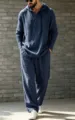 Men casual linen hooded henley shirt and pants set detail view, comfortable loose fit wear. - Navy Blue