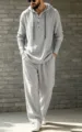 Herren lässiges Leinen Kapuzenpullover und Hose Set, bequeme Passform für Herbst Alltag. - S / Oberteil und Unterteil / Hellgrau