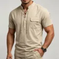Men's casual summer linen henley shirt with short sleeves, lace-up V-neck and chest pocket. - S / Khaki