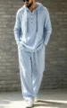 Men casual linen hooded henley shirt and pants set autumn comfortable daily wear blue outfit - Sky Blue
