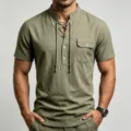 Men's Short Sleeve Linen Henley Shirt Casual Summer Utility Tee with Pocket Pants - S / Army Green