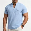 Camisa de lino para hombre manga corta estilo henley casual con bolsillo y cuello detalle. - S / Azul cielo