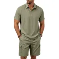 Herren Leinen Kurzarm Polo Shirt Cargo Shorts Sommer Freizeit Strand Set Detail Ansicht - Armeegrün