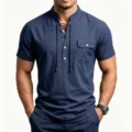 Men's short sleeve linen henley shirt detail view showcasing front lace-up and chest pocket design. - Navy Blue