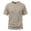 Men's waffle knit short sleeve t-shirt casual raglan crewneck top with v-cross stitch detail - Khaki