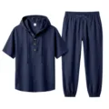 Men's casual linen hooded short sleeve shirt and long pants set for summer beach wear. - S / Top And Bottom / Navy Blue