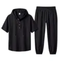 Detailed view of men's casual black linen hooded short sleeve shirt and trousers set. - S / Top And Bottom / Black