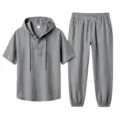 Men's casual gray linen hooded short sleeve shirt and long pants set summer beachwear. - Dark Gray