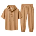 Men casual summer hooded short sleeve henley shirt and long pants linen set detail view. - Earthy Yellow