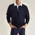 Men's long sleeve lapel button casual polo shirt knit top view, classic contrast collar style. - S / Tops / Navy Blue