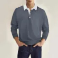 Mens long sleeve contrast collar polo sweatshirt casual knit top for daily autumn wear - S / Tops / Gray