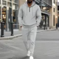 Herren Waffelstrick Kapuzenpullover mit Viertelreißverschluss und passender Freizeithose - S / Grau