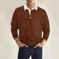 Men's casual long sleeve polo sweatshirt with contrast white lapel and button placket for autumn. - S / Tops / Caramel color