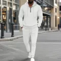 Herren weißer Waffelstrick Trainingsanzug Detail mit Kapuze und halbem Reißverschluss Hose. - S / Weiß