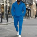 Tuta da uomo casual in tessuto waffle con felpa con cappuccio e pantaloni coordinati. - Blu