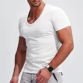 Men's solid color deep V-neck short sleeve slim fit casual t-shirt detail view showing fit. - S / Tops / White