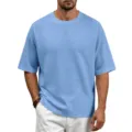 Hellblaues Herren Waffel-Kurzarm-T-Shirt mit Raglanärmeln und V-Naht am runden Ausschnitt. - Hellblau