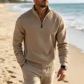 Detailed view of men waffle knit quarter zip stand collar pullover sweater in khaki color. - Khaki
