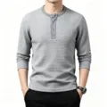 Herren Langarm Waffel Henley Shirt laessig Retro Karo Oberteil grau Pullover neu - S / Oberteile / Hellgrau