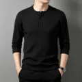 Herren schwarzes langarm Waffelstrick Henley Shirt Vintage Freizeitoberteil Herbst - S / Oberteile / Schwarz