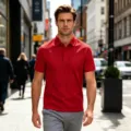 Men's red polo shirt street scene detail shot, casual breathable slim fit short sleeve top. - S / Tops / Red
