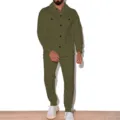 Ensemble veste boutonnée effet suédine et pantalon décontracté homme automne vue de détail - S / Haut et Bas / Vert Militaire